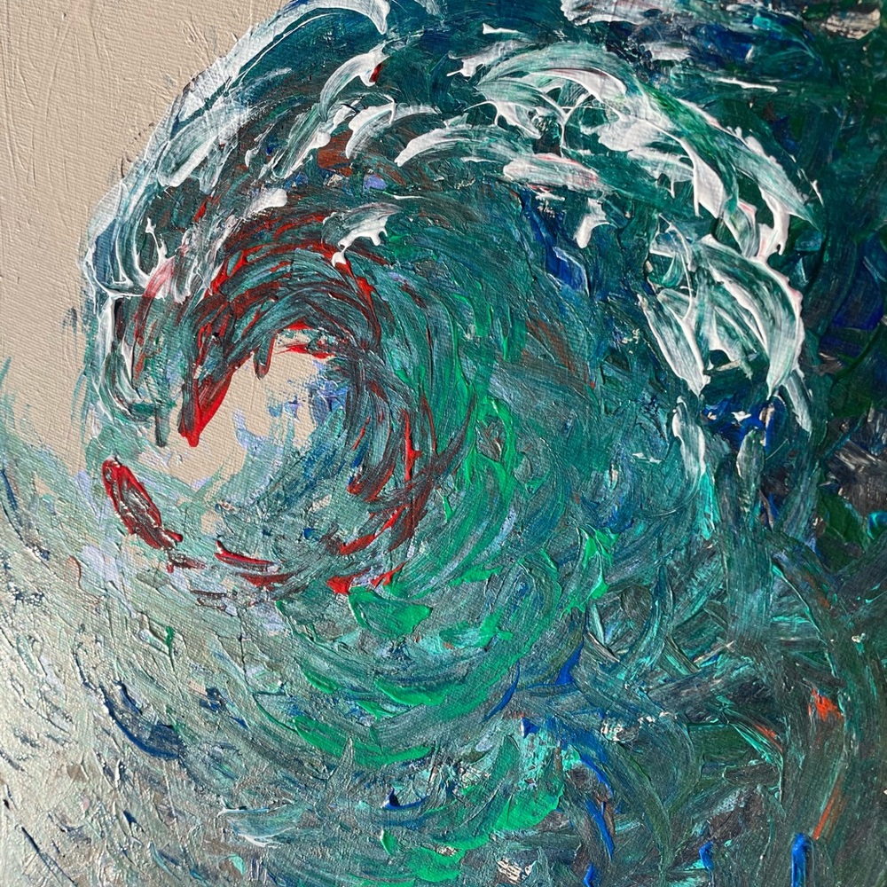 Big wave ocean textured painting. Vibrant, colorful.